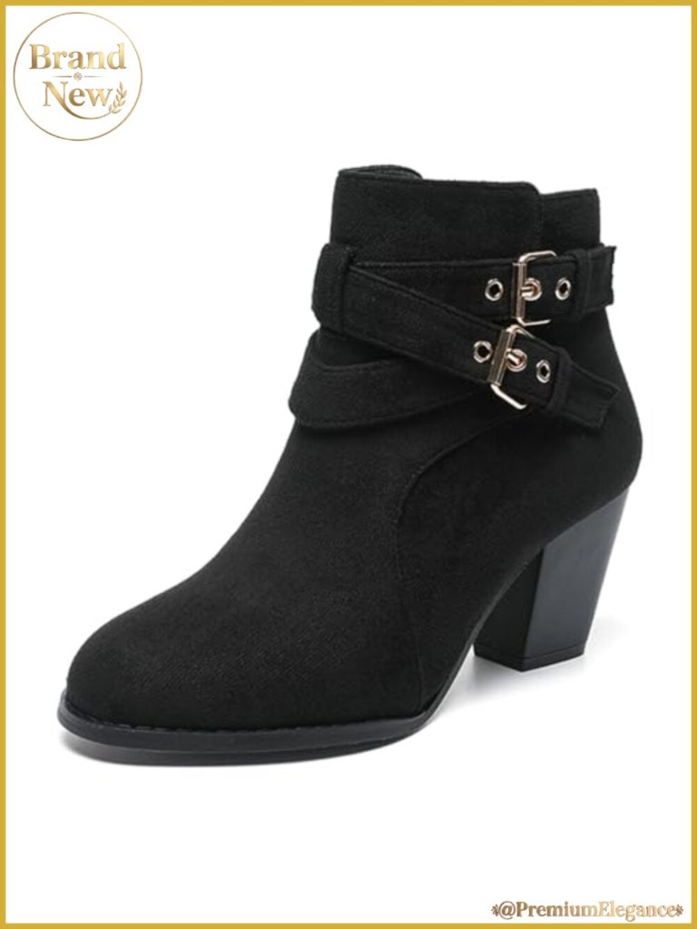 Women's Chunky Heel Suede Ankle Boots Adjustable Double Buckle Round Toe Side